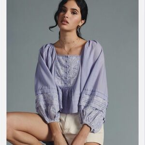 NWT Anthropologie Embroidered Lace Babydoll Blouse Small Sky Blue/Periwinkle